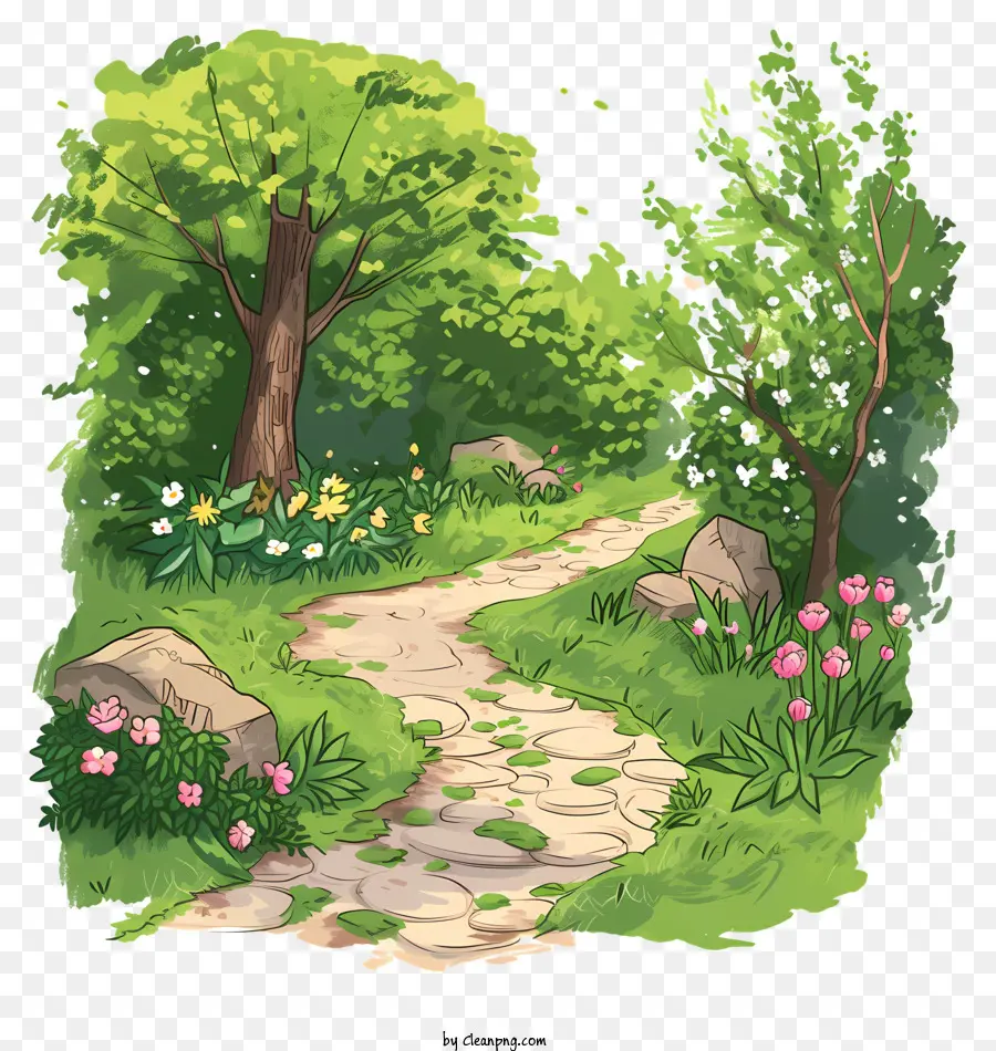 spring garden path forest pathway lush green nature trees flowers and plants