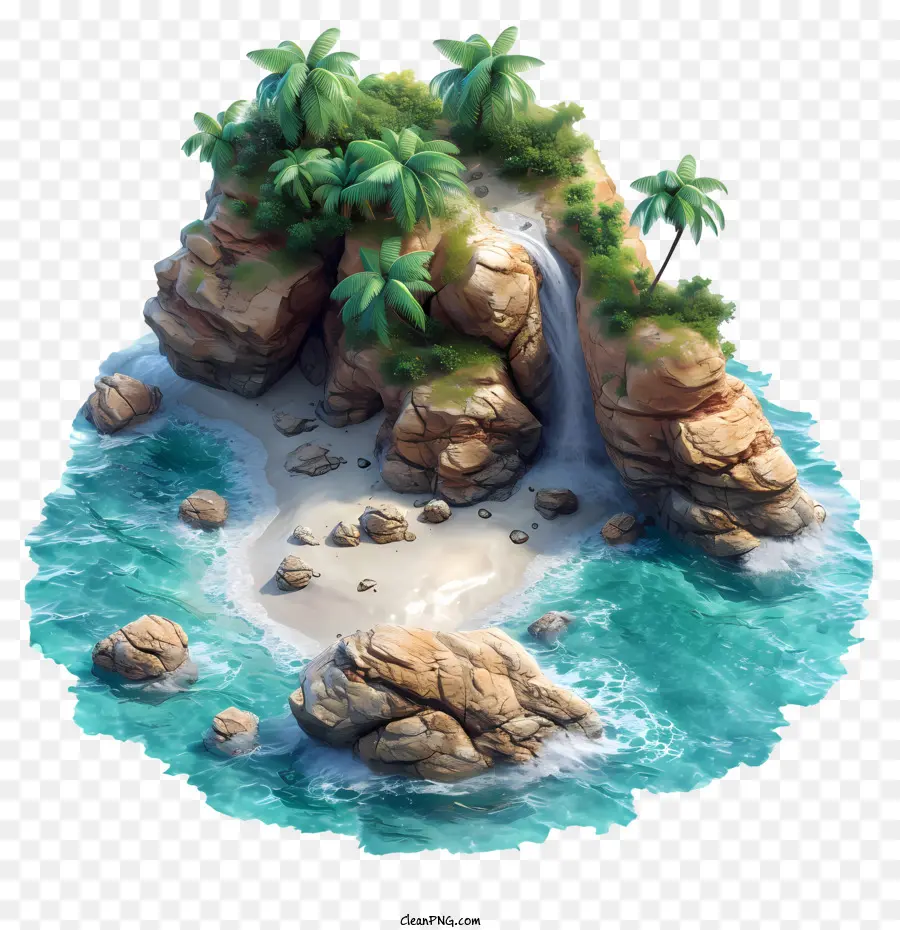 Palmen - Insel mit felsigem Ufer, Wasserfall, Palmen