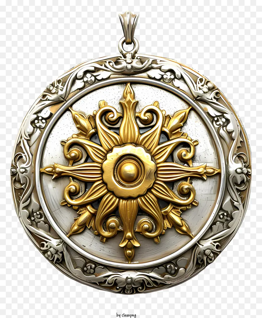 pendant metal plaque gold sunburst design circular design intricate floral motifs