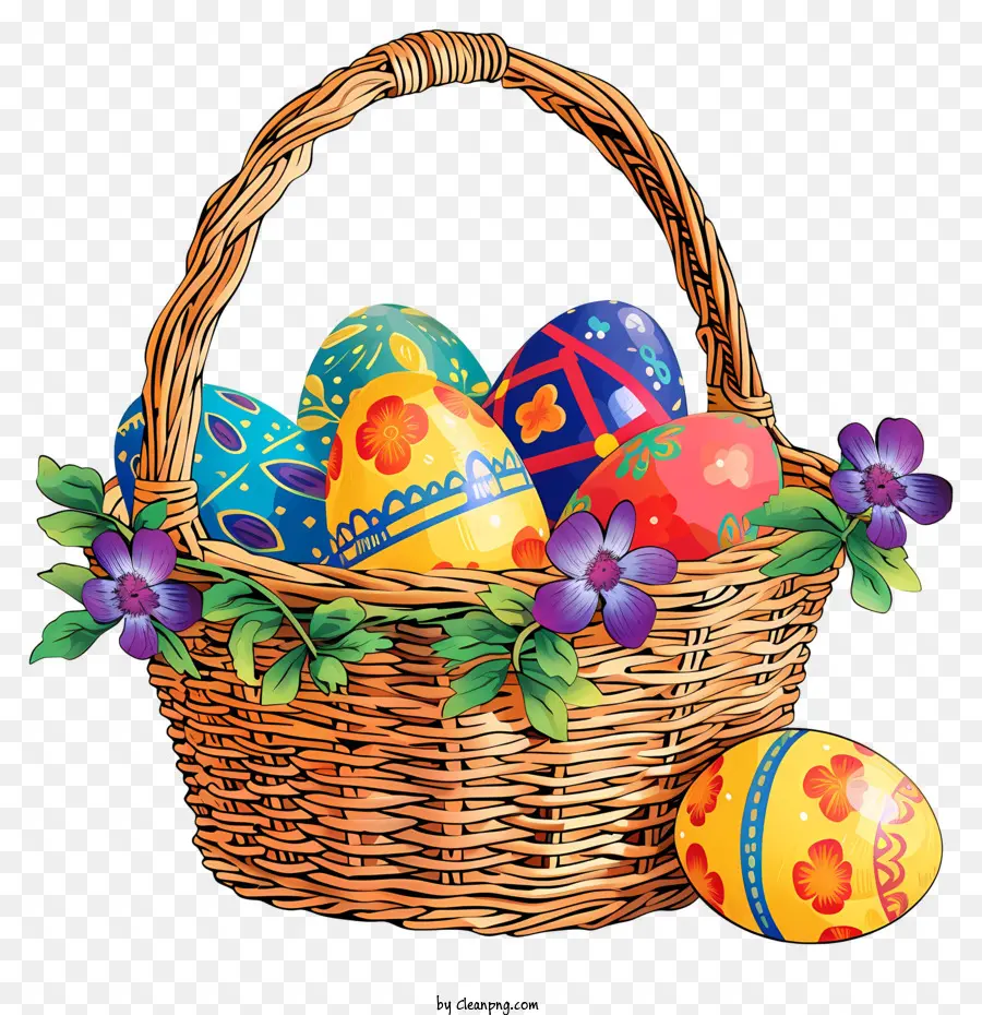 Netter und farbenfroher Ostereikorbbekorb Farbige Eier Vase der Blumen gewebt Stroh - Buntes Korb mit Eiern und Blumen