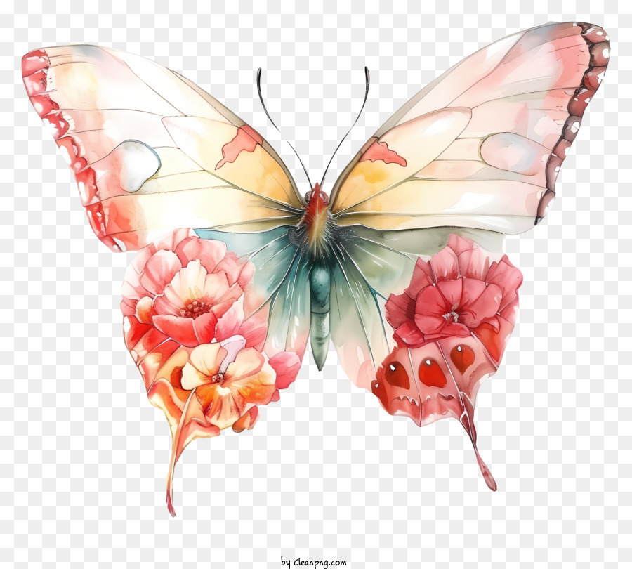 bunter Schmetterling - Buntes Schmetterling mit Blumen auf Flügeln, die auf schwarzem Hintergrund sitzen