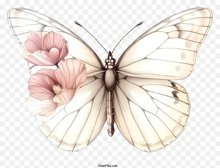 đầy màu sắc bướm - Bướm trắng tinh tế với hoa màu hồng và chi tiết