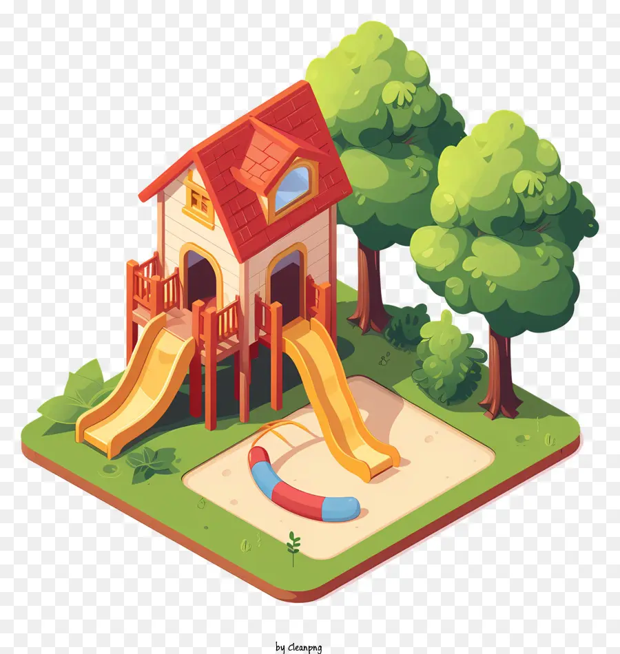 Backyard Playhouse Playground Slide Swings - Parco giochi sicuro con scivolo, altalene, alberi e recinzione