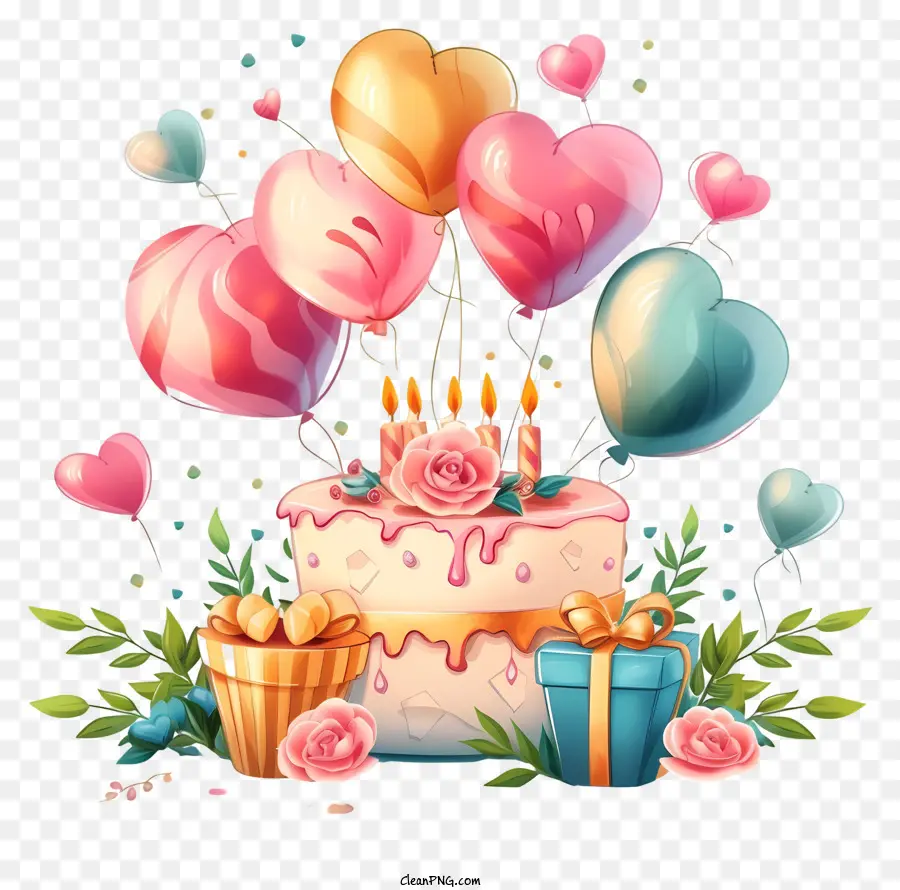 Bánh sinh nhật - Bánh sinh nhật đầy màu sắc với bóng bay, hoa và trái tim