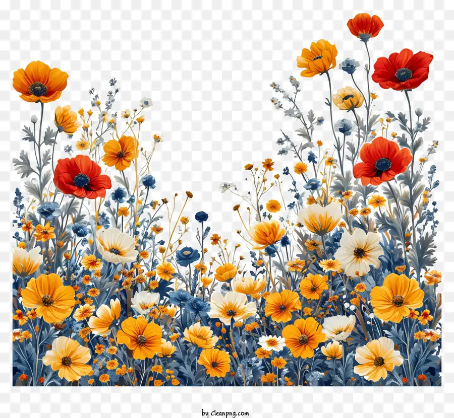 Blumenmusterhintergrund - Farbenfroher, detaillierter Blumenhintergrund mit Wildblumen in Blüte