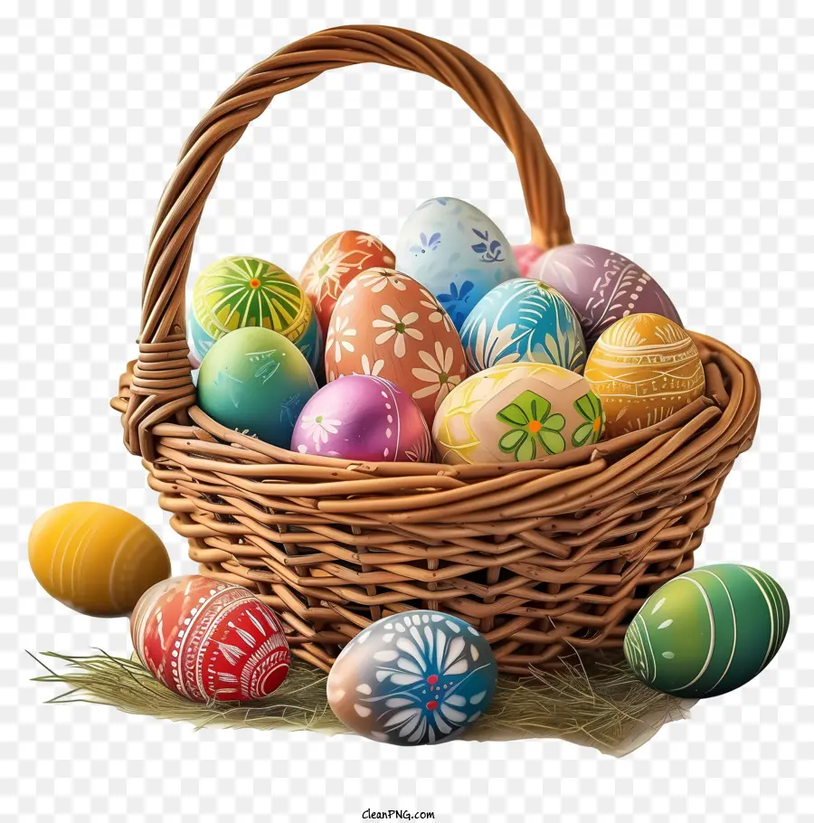 easter egg basket icon easter eggs wicker basket colorful decorations hay mat
