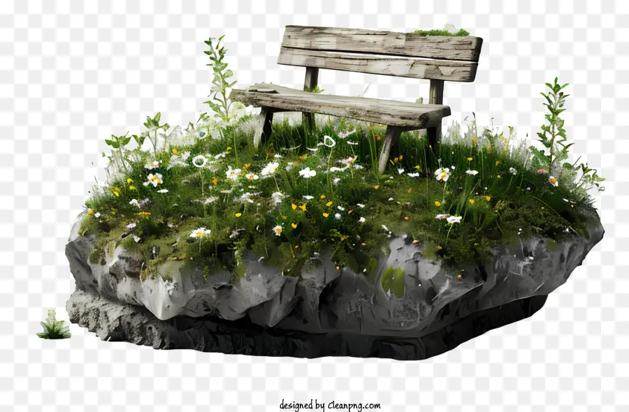 Băng ghế dự bị bằng gỗ băng ghế đá màu xanh lá cây đồng cỏ - Băng ghế gỗ trên đá nhìn ra đồng cỏ xanh