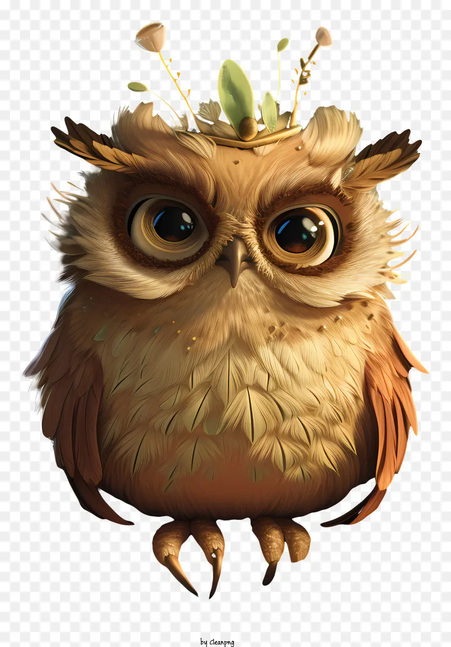 gufo con una corona gufo con corona di foglie Curious espression Owl Owl occhi chiusi a bocca aperta a bocca aperta - Curioso gufo che indossa una corona di foglie in sfondo scuro