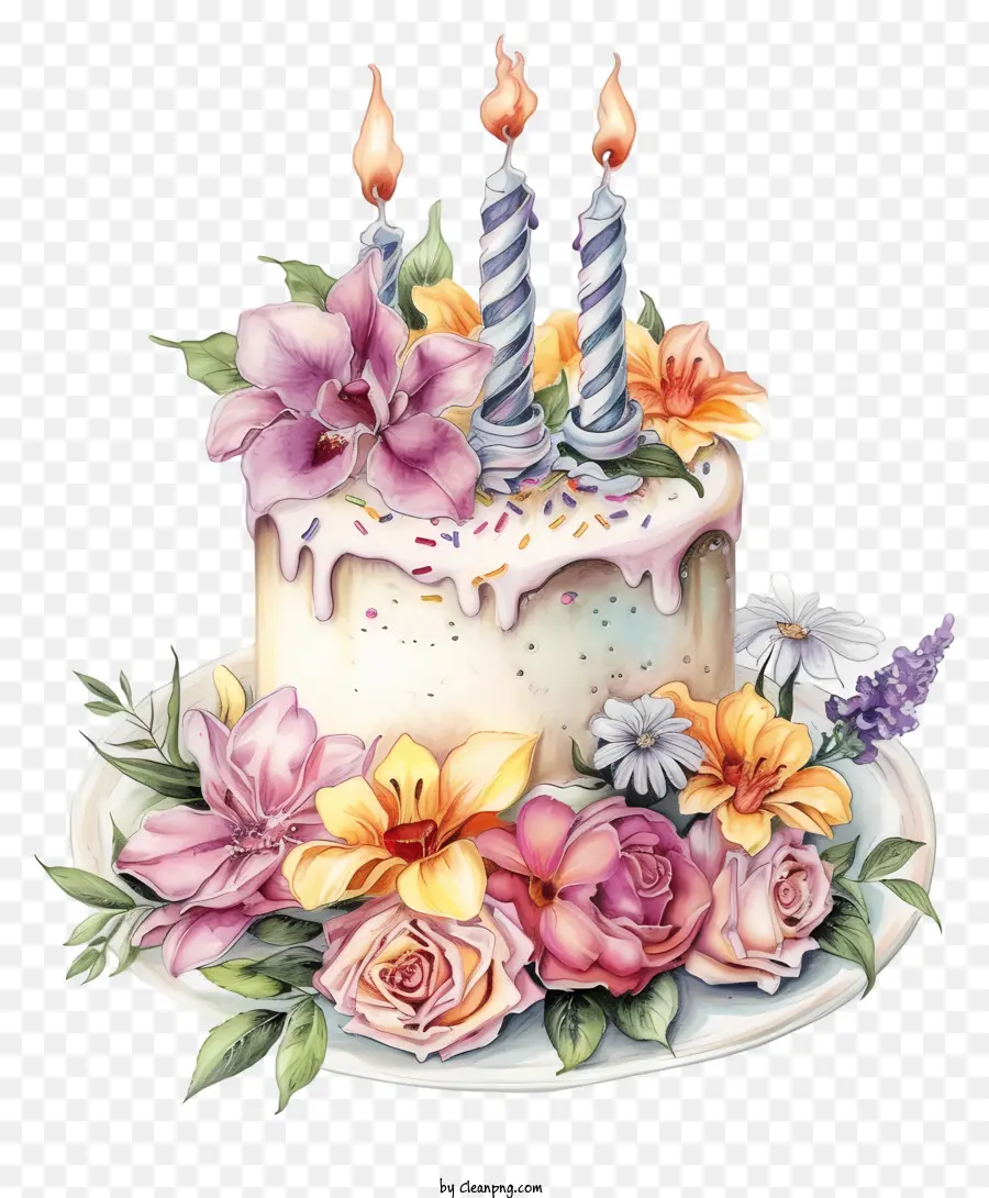 Geburtstagskuchen - Farbenfrohe Geburtstagstorte mit brennenden Kerzen und Blumen