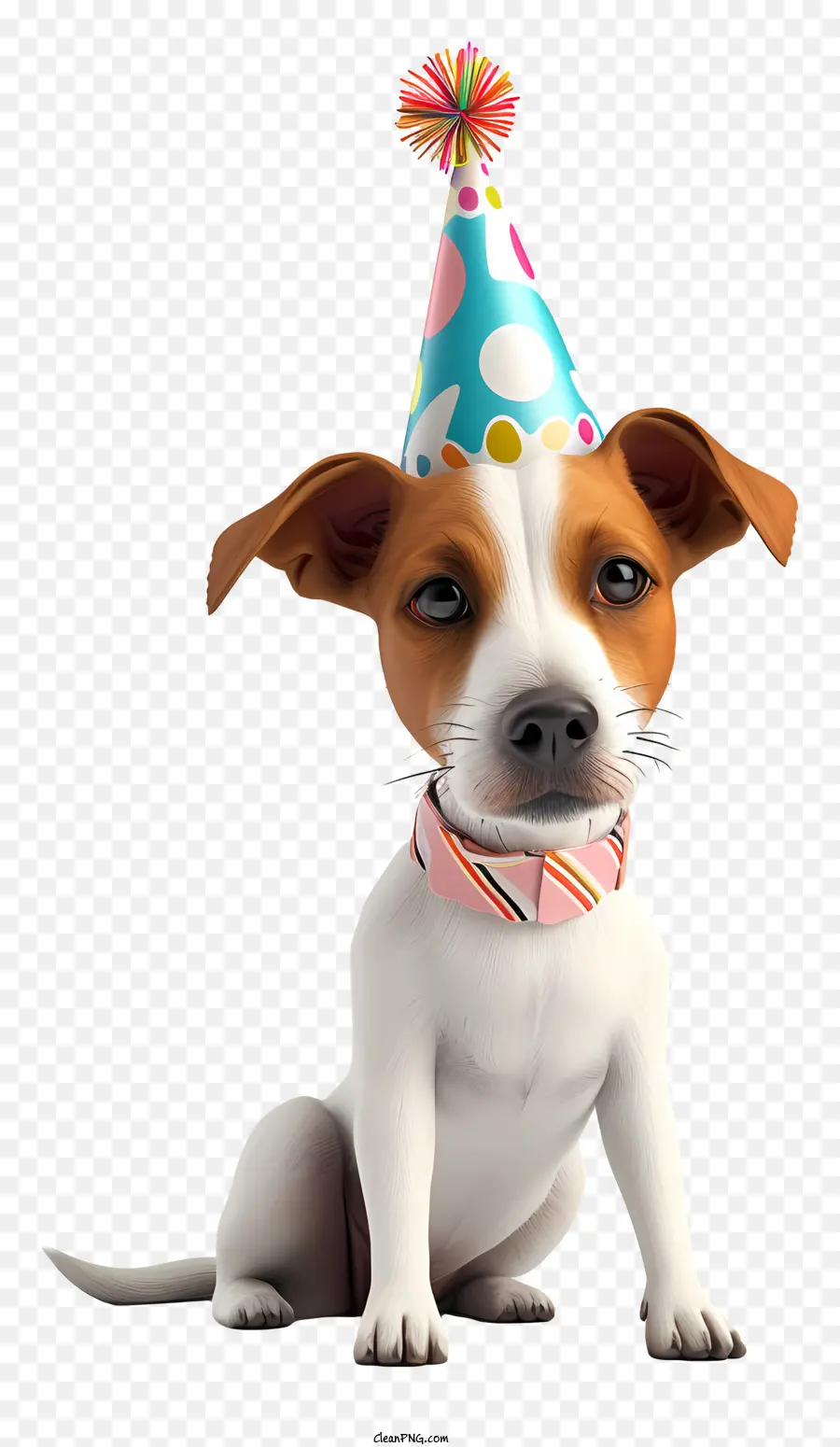 Pet Birthday Dog che indossa un cappello di compleanno piccolo cane bianco e marrone con cane da testa inclinati con colletto e campana - Cane sorridente con cappello di compleanno e campana