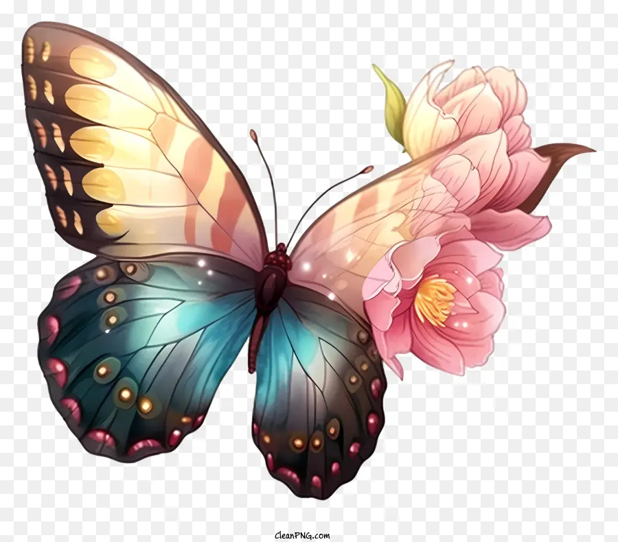 Flügel - Buntes Schmetterling sitzt auf rosa Blume