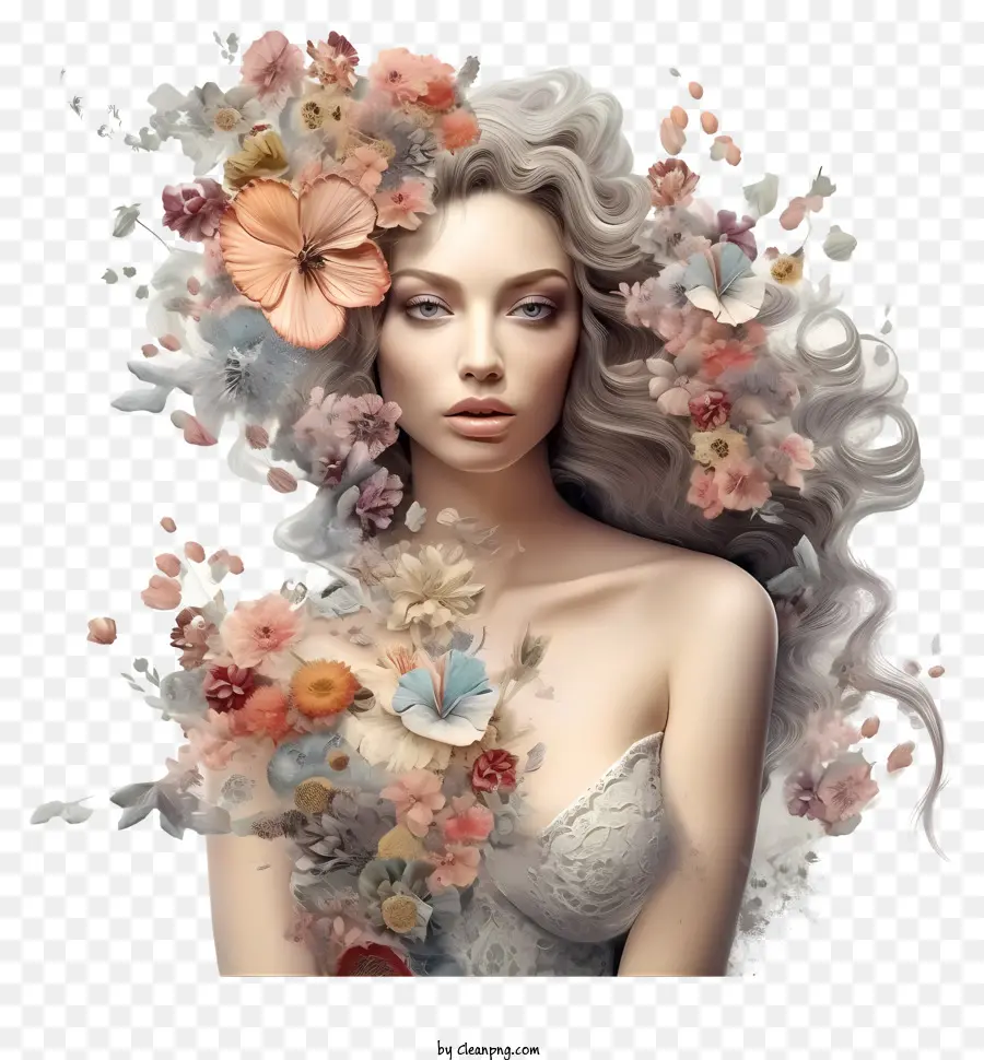 Donna fantasy con fiori dipinti di una bella donna Abito bianco per capelli bianchi lunghi corona di fiori - Dipinto di donna con lunghi capelli bianchi e fiori