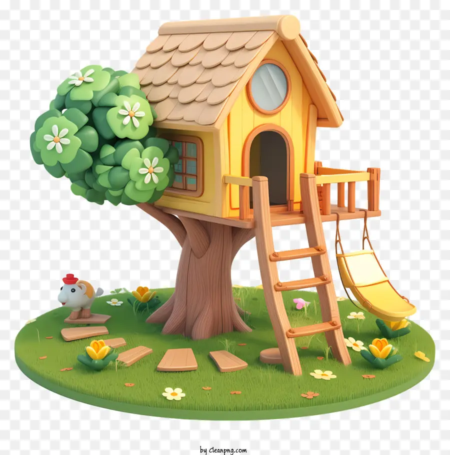 scala in legno - Piccola casa di legno in una foresta pacifica