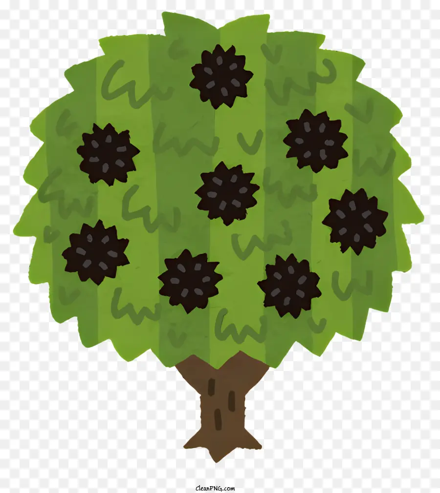 grüner Baum - Grüner Baum mit schwarzen Blumen auf grünen Feld