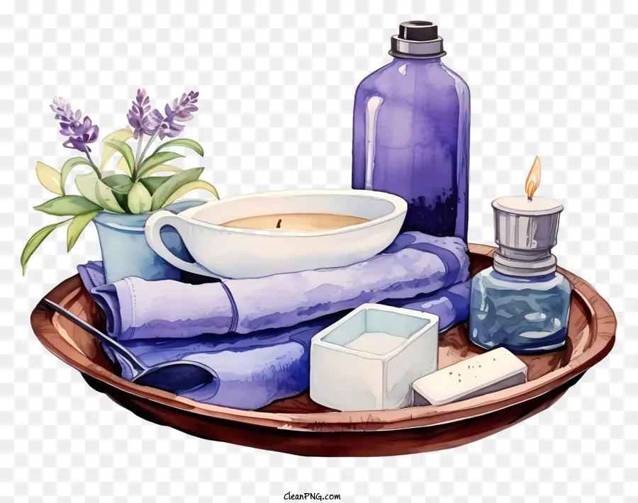 Männerbadessatz Geschenk für Freund Aquarell -Malablett mit Objekten lilacs - Aquarellmalerei von Tablettobjekten mit Lavendelmotiven
