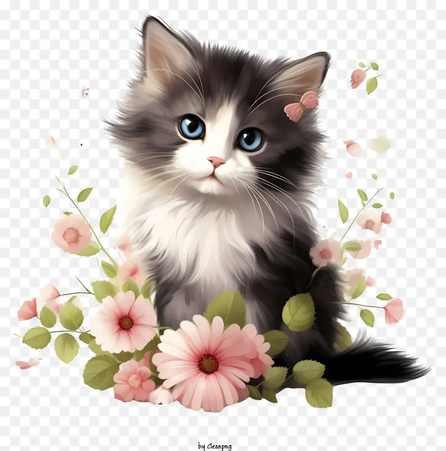 Valentine Katze süßes Kätzchen große blaue Augen flauschiger Fellhaufen von Blumen - Nettes Kätzchen mit blauen Augen in Blumen