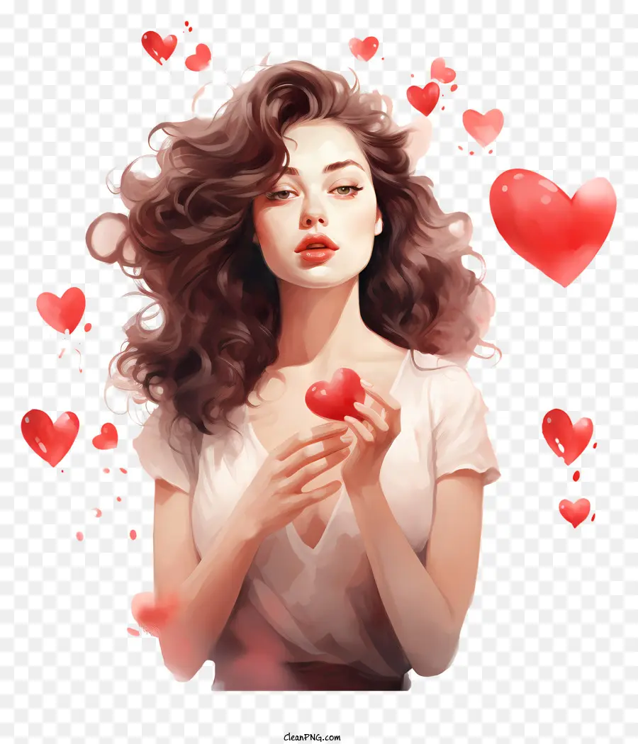 San Valentino Pretty Girl Love Heart Affetto romantico - Donna romantica che tiene il cuore circondato da cuori