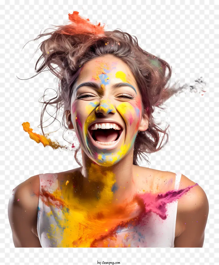 Holi - Frau, die mit farbenfrohen Farbe bedeckt ist und freudig lachte