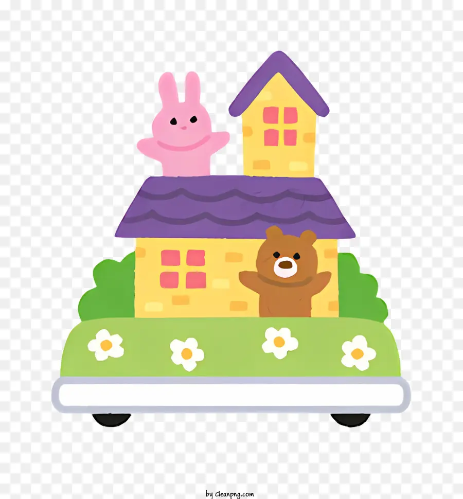 Parade Small House Pink and Brown Bricks Bunny Roof - Piccola casa di coniglio rosa e marrone con fiori