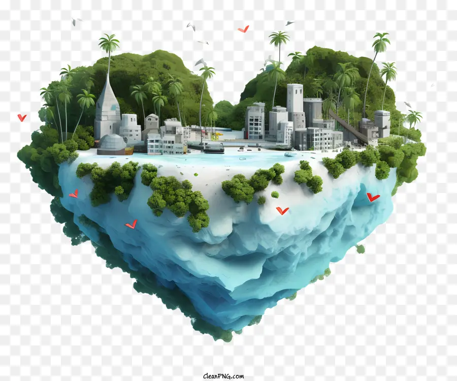 valentine island heart-shaped island water and trees green trees buildings on the island