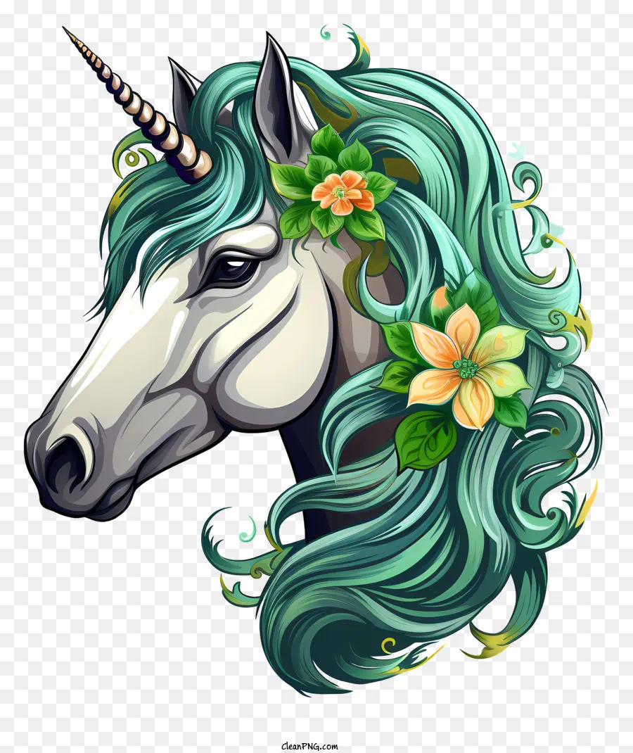 St. Patrick Unicorn Horse Malmalerei Grüne Mähne Blumenkrone Friedlicher Ausdruck - Pferdemalerei mit grüner Mähne, Blumenkrone