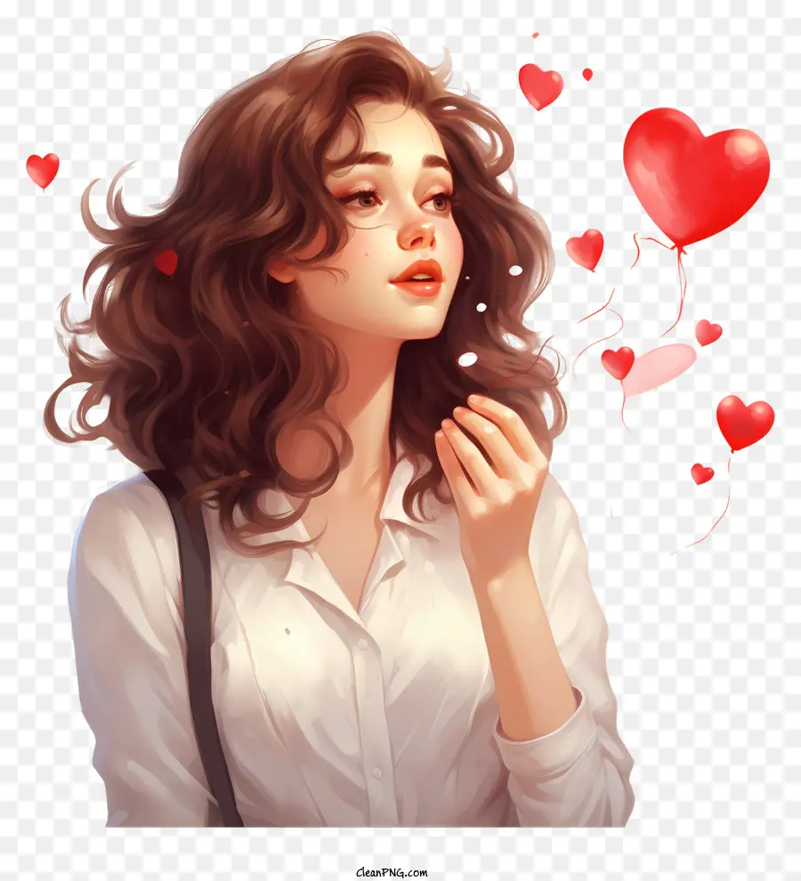 Valentinstag Pretty Girl Cartoon Darstellung junger Frau lockiges braunes Haar weißes Hemd - Junge Frau, die herzförmige Luftballons hält und nachdenklich aussieht
