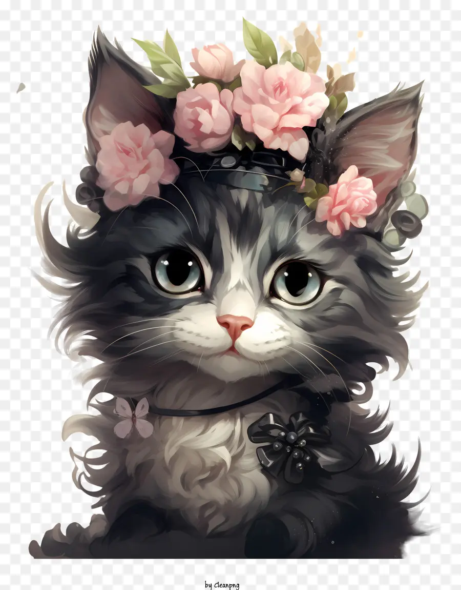 Valentinstag Katze Katze mit Blumen wehmütige Katze graue Katze braune Augen - Unschuldige graue Katze mit rosa Blumenkrone