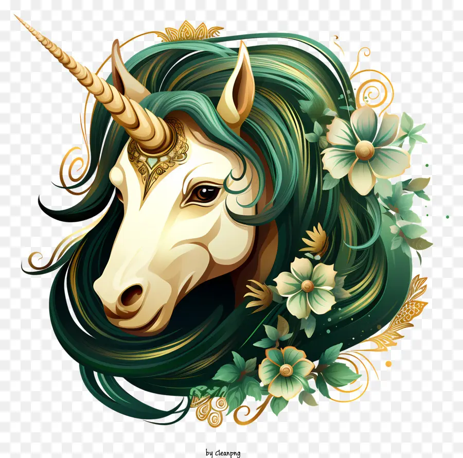unicorno - Immagine: unicorno dai capelli verdi con fiori dorati, corpo marrone, corno dorato su uno sfondo scuro