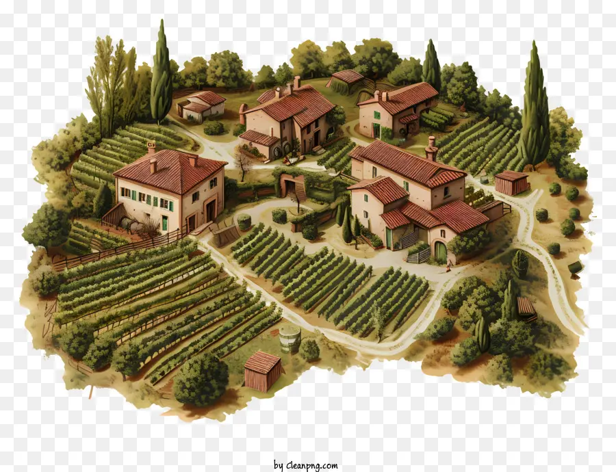 Dorf Land lagern Vineyards Gebäude Strohdächer - Friedliche Landschaft mit Weinbergen, alte Gebäude