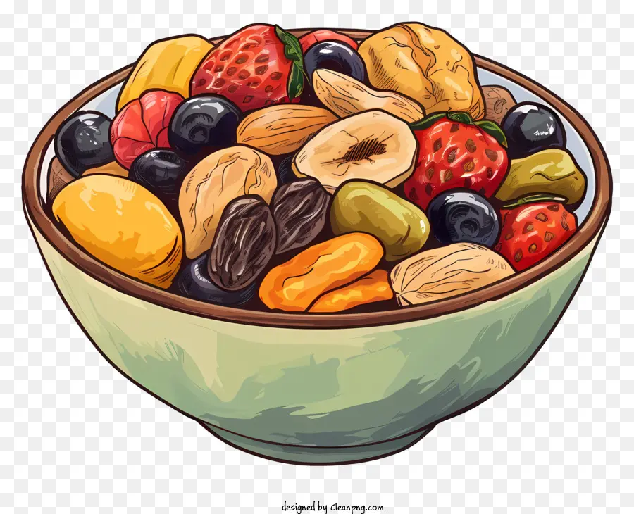 trái cây khô bát hạt và trái cây gốm xanh bát hạnh nhân - Bát với các loại hạt và trái cây, màu tối, phù hợp cho hình minh họa in