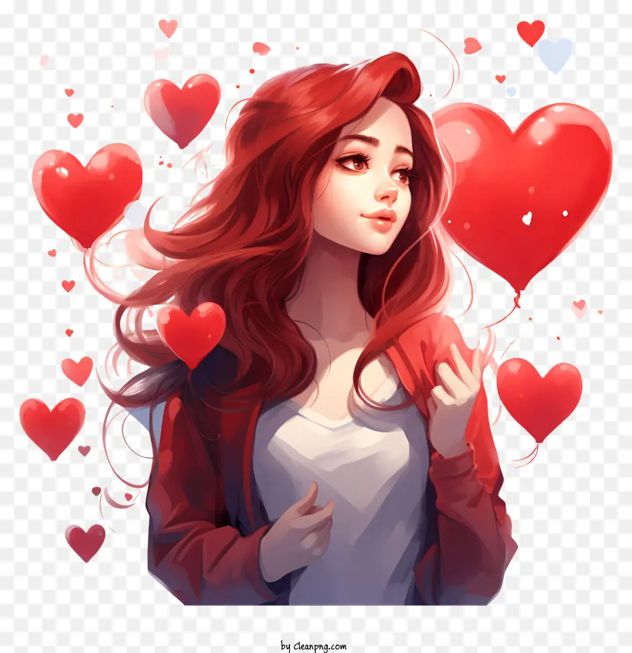 nền đỏ - Người phụ nữ có mái tóc đỏ được bao quanh bởi trái tim nổi