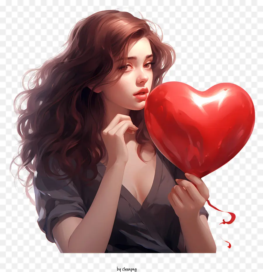 Valentine Girl Woman con palloncino rosso espressione triste riccia e capelli lunghi camicia e jeans neri - Donna che tiene palloncino rosso con espressione triste
