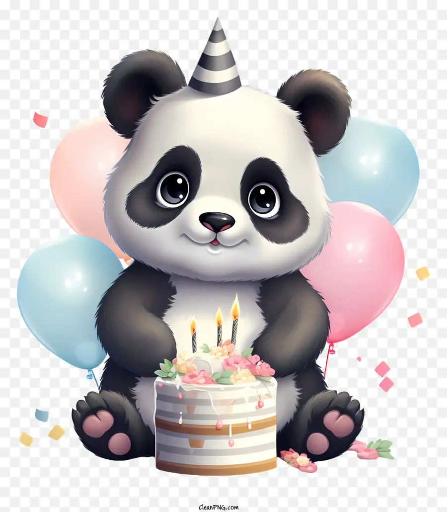 party Hut - Joyful Panda feiert mit Kuchen, Luftballons und Lächeln