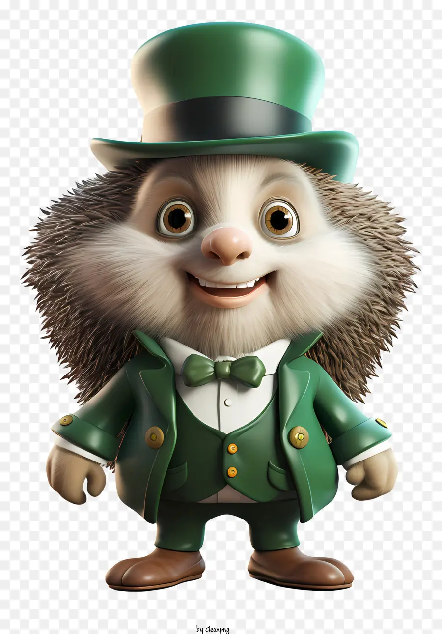 St. Patrick Hedgehog Animierter Hedgehog Green Jacket Black Tie Green Top Hut - Animierter Cartoon Igel in grüner Kleidung, lächelnd