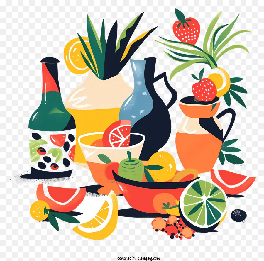 Đồ uống trái cây Thiết lập ly rượu vang của nước cam - Bộ bàn với nhiều đồ uống và trái cây khác nhau