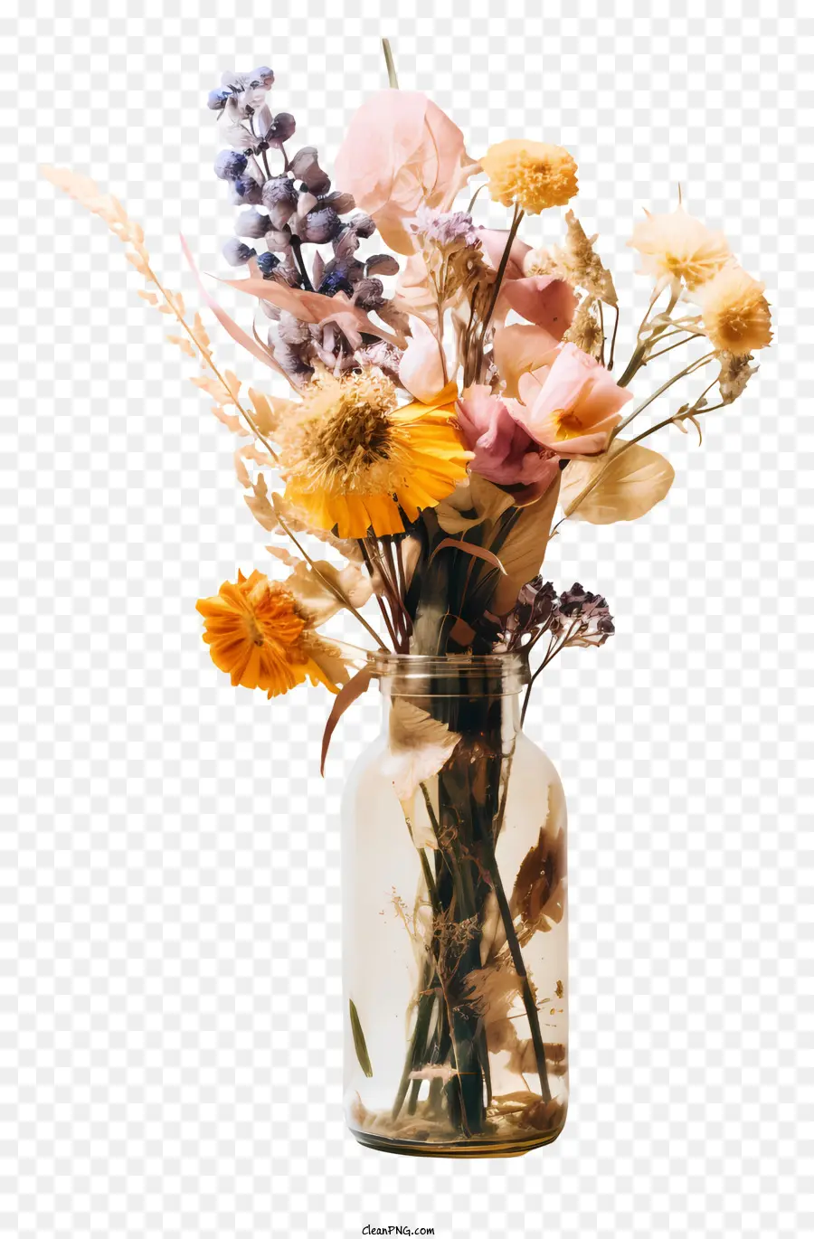Trockenblumen - Bunt getrockneter Blumenstrauß in Glasvase