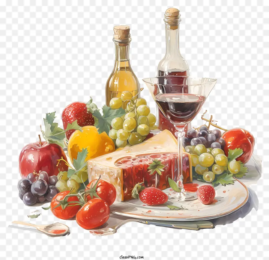 Piatta da vino da vino mele uva - Piatto di frutta vibrante con bicchiere di vino
