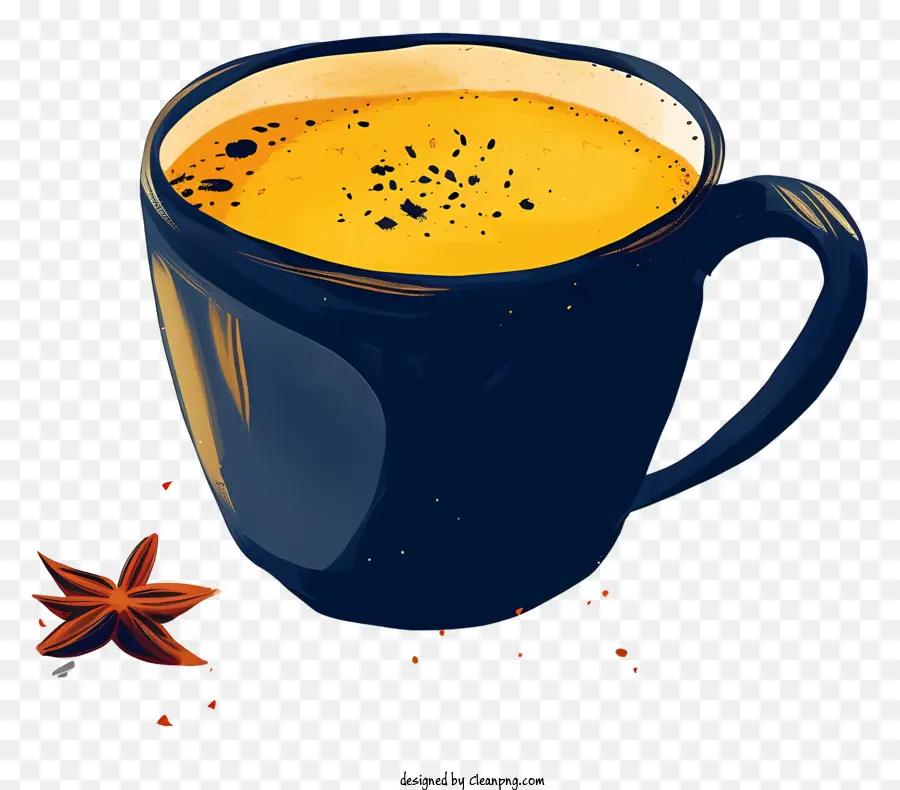 Masala Chai Tea Blue Cup cremige flüssige goldene Farbe Stern Anis Anis - Blaue Tasse mit cremiger goldener Flüssigkeit, Stern Anis