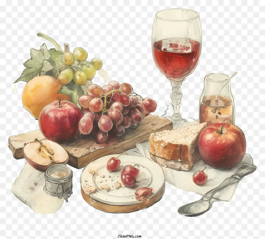 Wein Apfelkäse Birnen Glas Wein - Ordentlich arrangierter Tisch mit frischem Essen und Wein