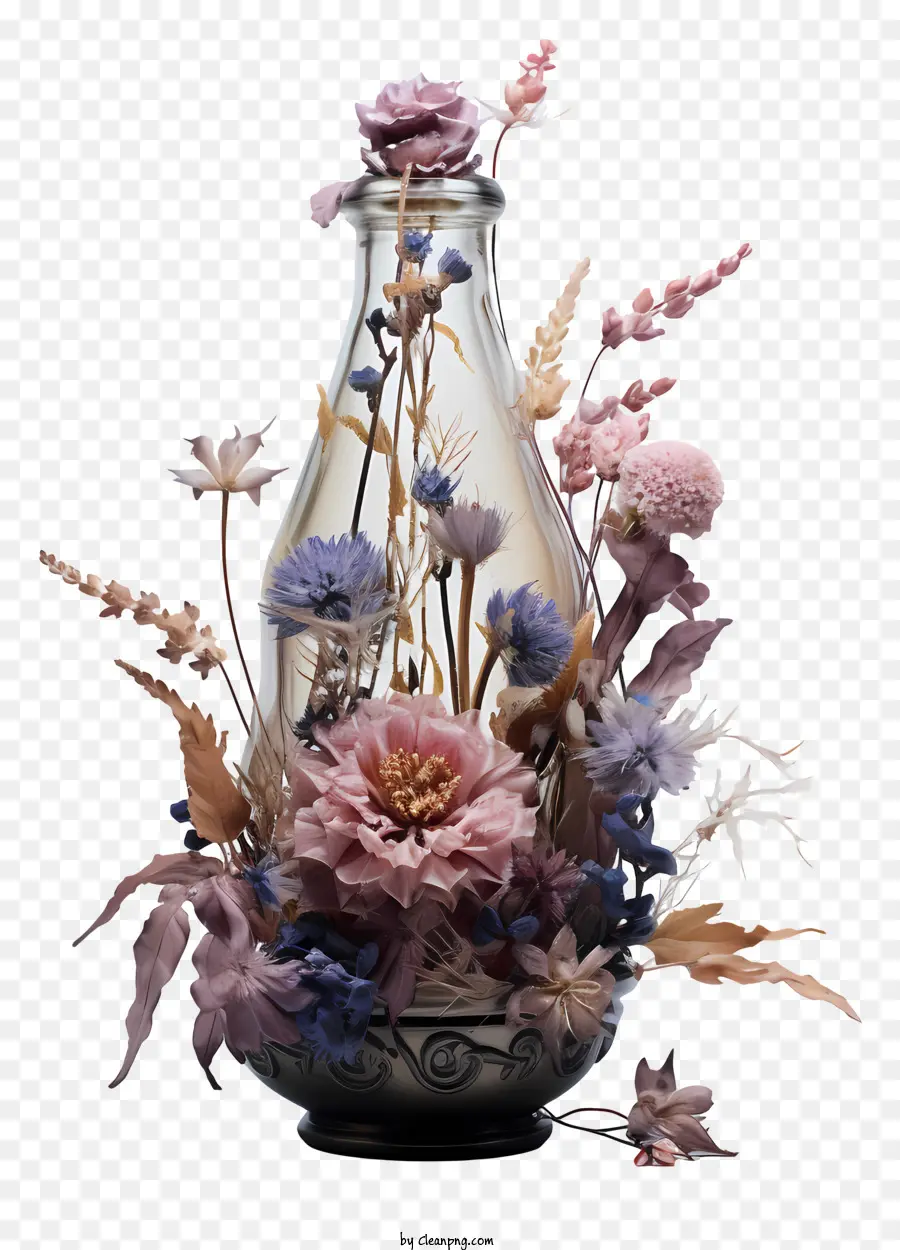 Trockenblumen - Vase gefüllt mit getrockneten Blumen, Zweige auf schwarzem Hintergrund