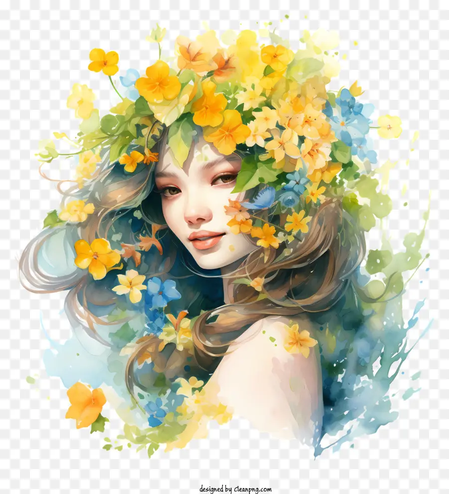 frühlingsbeginn Blumenkranz und Blätter wallendes Haar im Wind leuchtend bunte Landschaft - Frau mit Blumen- und Blattkopf, friedliche Szene