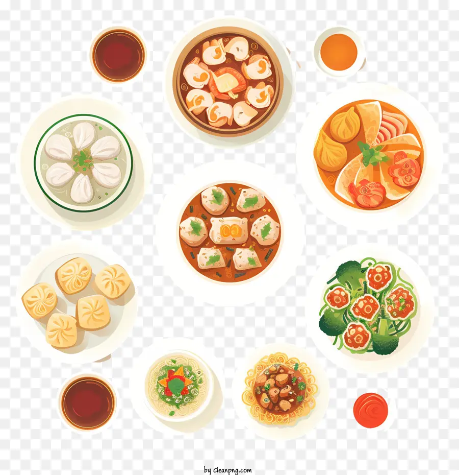 chinesisches Essen - Verschiedene Platten von Knödel, Brötchen und Nudeln