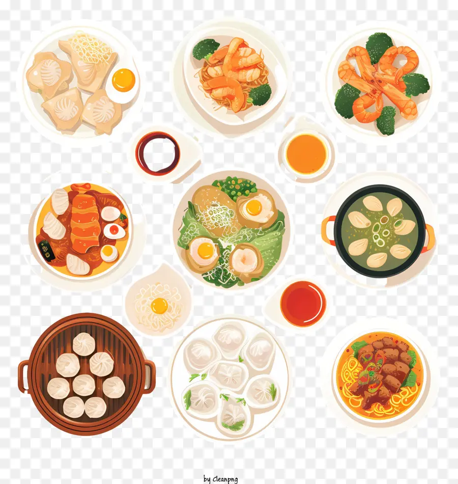 cibo cinese - Piatto di cucina asiatica con gnocchi, riso, noodles