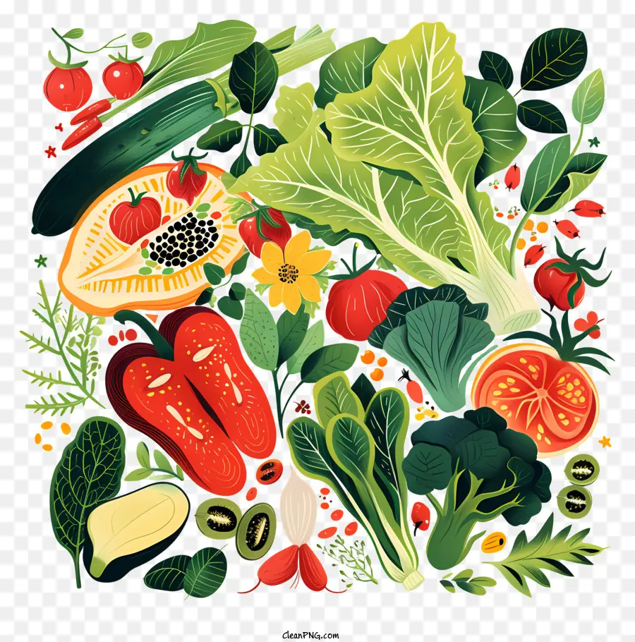 Salatgemüse Obst Gemüse Pflanzen Collage - Farbenfrohe, kreisförmige Collage von Obst, Gemüse, Pflanzen