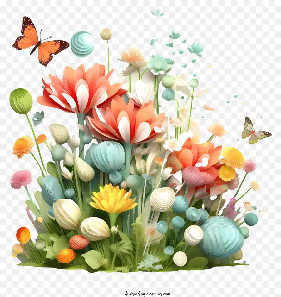 der Frühling beginnt Blumen Feldfarben Vielfalt - Bunte Blumen mit Schmetterlingen schaffen ein ausgewogenes Bild