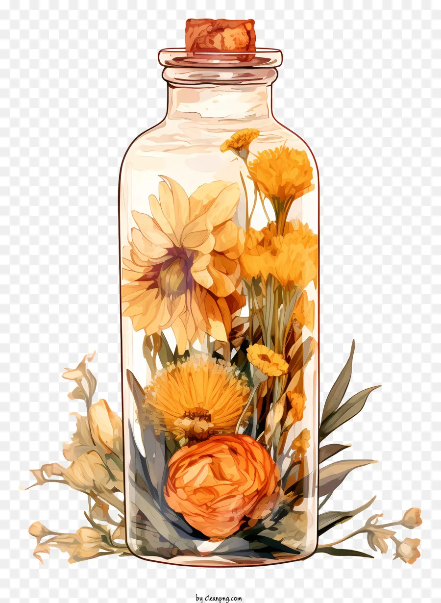 Trockenblumen - Bunte Glasflasche mit getrockneten Blumen gefüllt