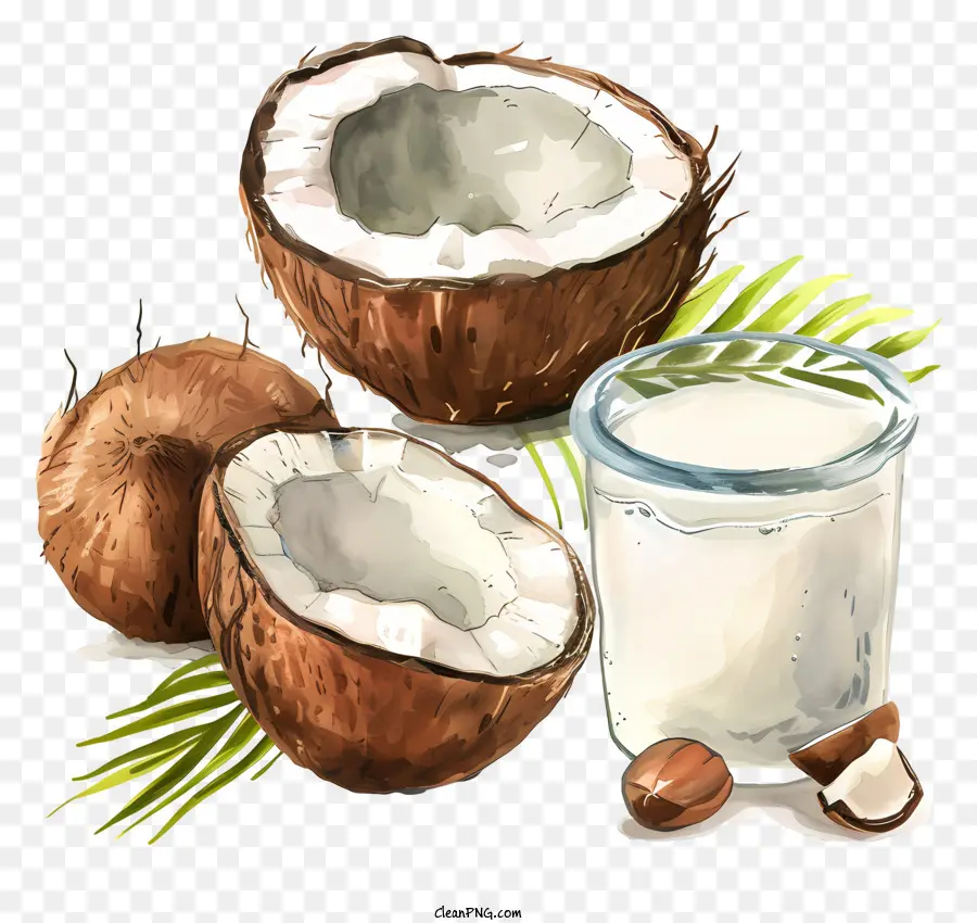 Kokos - Glas Kokosmilch mit Kokosnusszubehör