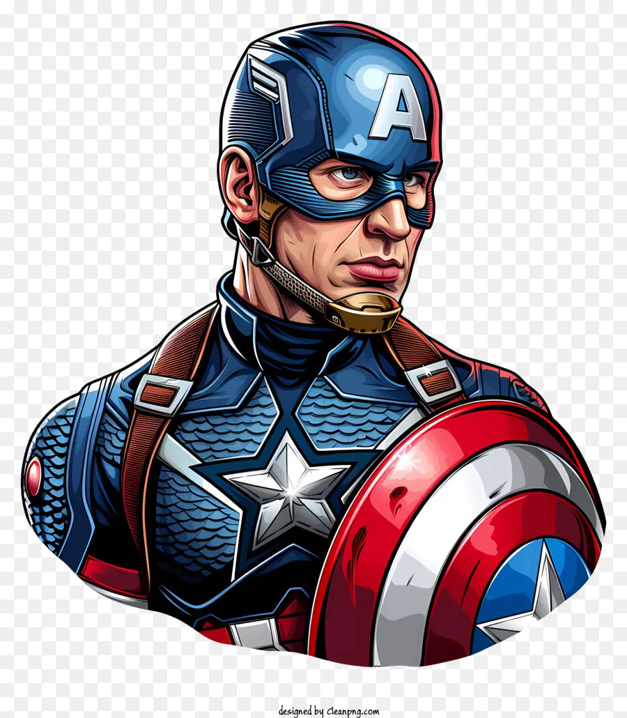 Lo scudo del cappello del Capitano determinava gli occhi seri concentrati - Immagine di supereroi dettagliata e realistica con atmosfera scura