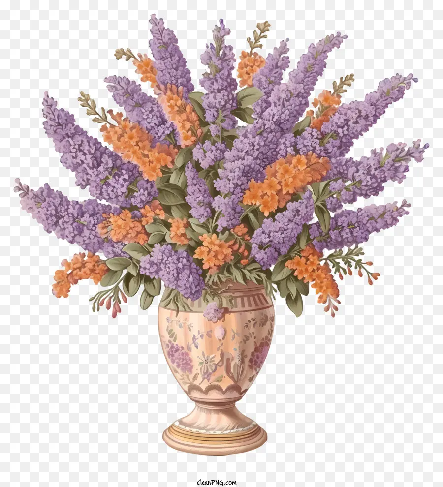 Lavendel in Vase lilacs weiße Blüten verzierte Vase -Metallvase - Blumenarrangement in verzierter weißer Vase