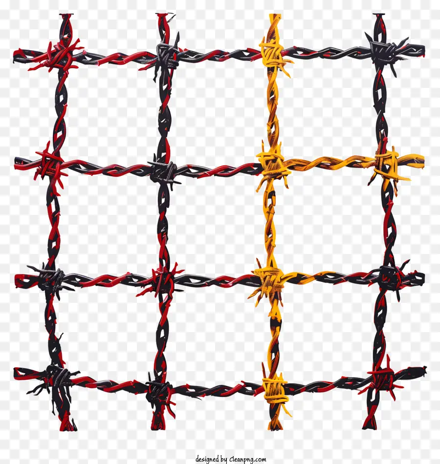 Stacheldraht -Mesh -Metallstreifen gewebte Oberfläche gelbe Drähte - Netz aus gelben, roten und schwarzen Drähten, die sich kreuzen